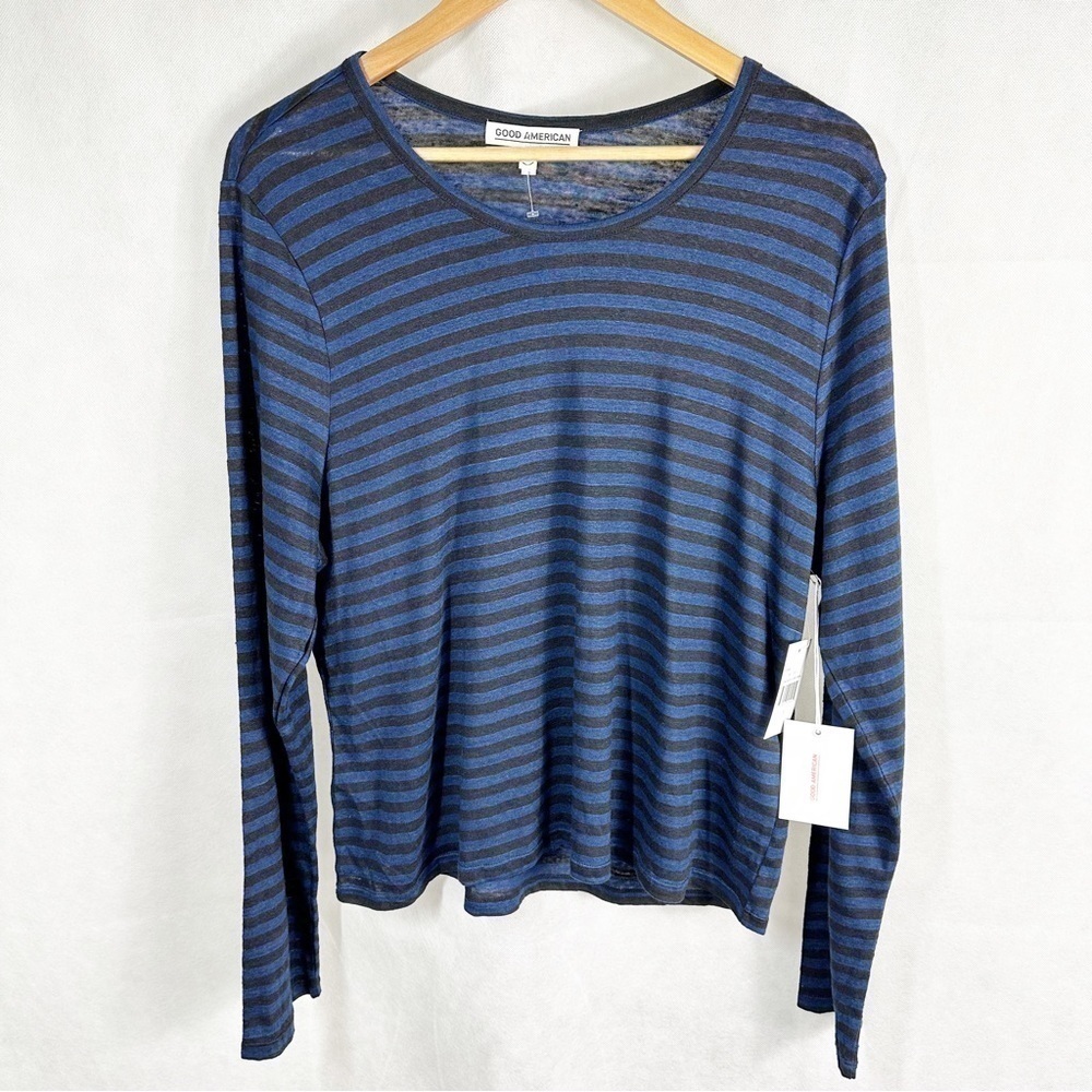 Good American 100% Linen Stripe Long Sleeve Top Blue Black size 2XL 5